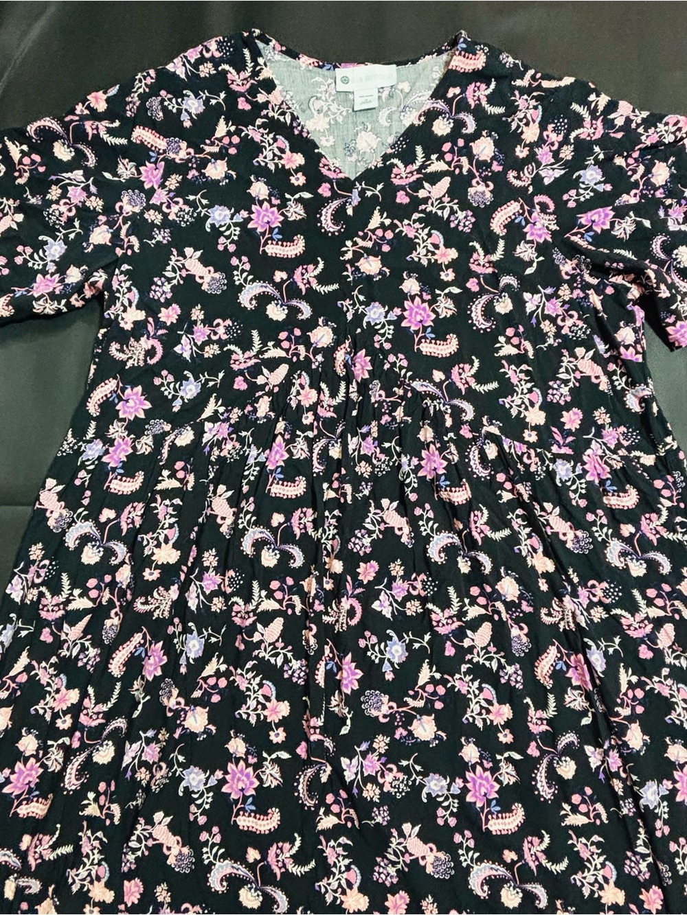 Long Black Pink Floral Babydoll V-Neck Short Sleeve Dress 1X Ella Simone